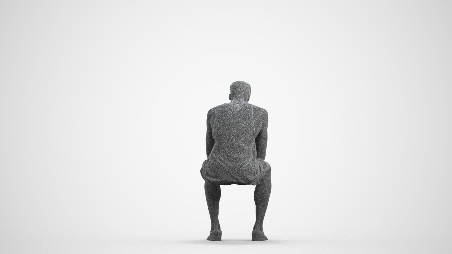 3D people model man casual sitting, scanned human for 3ds Max rendering, wireframe front view