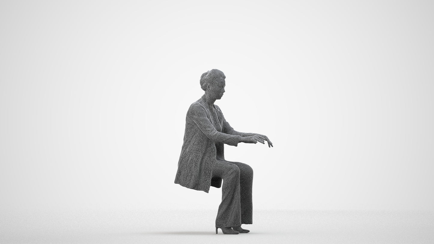 realistic 3D woman business sitting, scanned archviz people for Blender and 3ds Max, wireframe side view