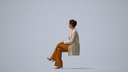 realistic 3D woman business sitting, scanned archviz people for Blender and 3ds Max, three-quarter view render