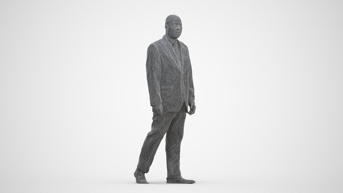 3D scanned man walking business, photorealistic archviz people for Enscape and SketchUp, three-quarter front view render