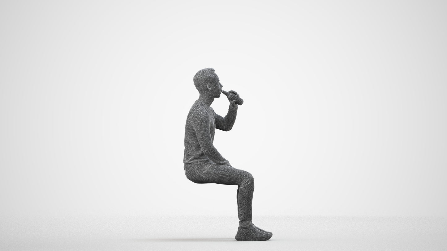realistic 3D man casual sitting, scanned archviz people for Blender and 3ds Max, wireframe side view