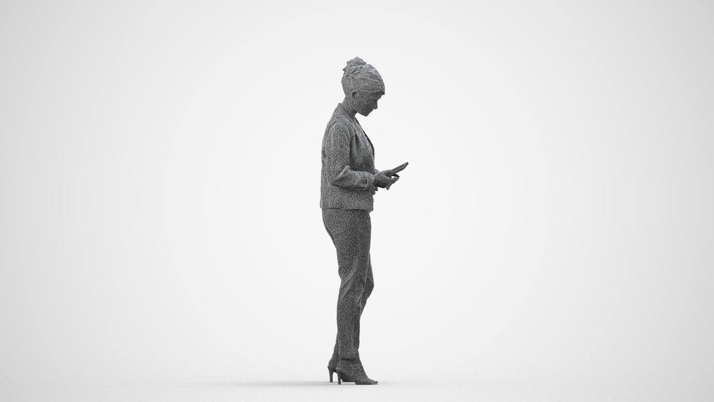 3D people model woman business standing, scanned human for 3ds Max rendering, wireframe side view