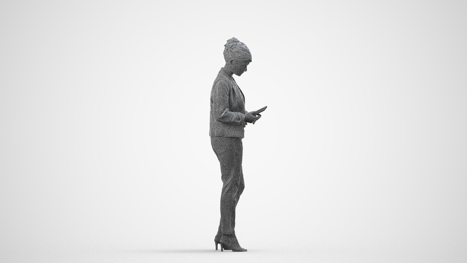 3D people model woman business standing, scanned human for 3ds Max rendering, wireframe side view