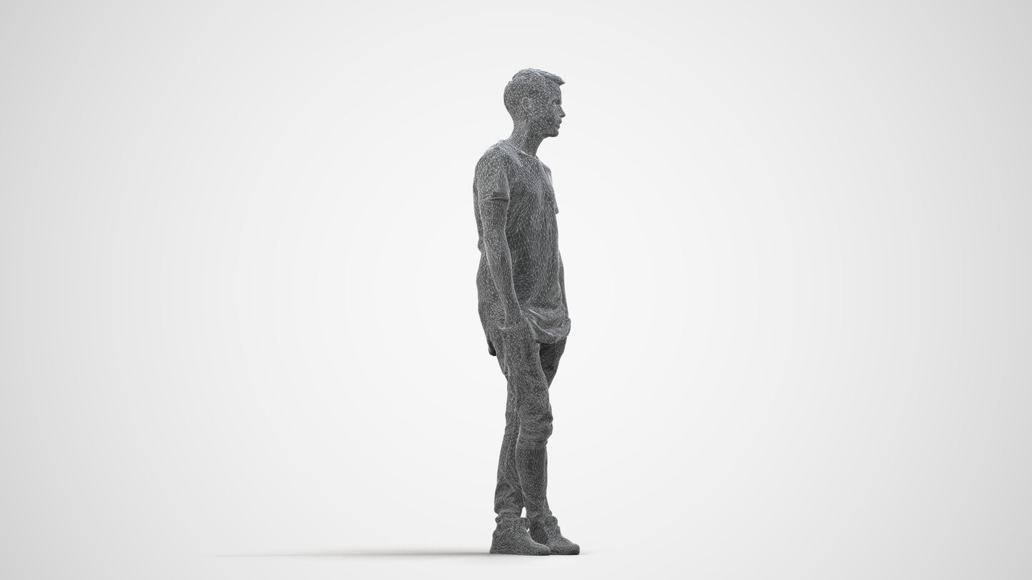 realistic 3D human man casual standing, archviz people FBX OBJ for Blender, wireframe side view