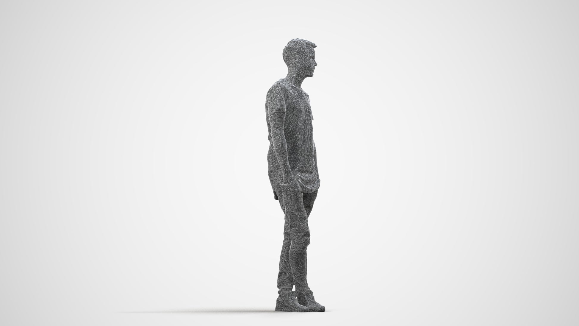 realistic 3D human man casual standing, archviz people FBX OBJ for Blender, wireframe side view