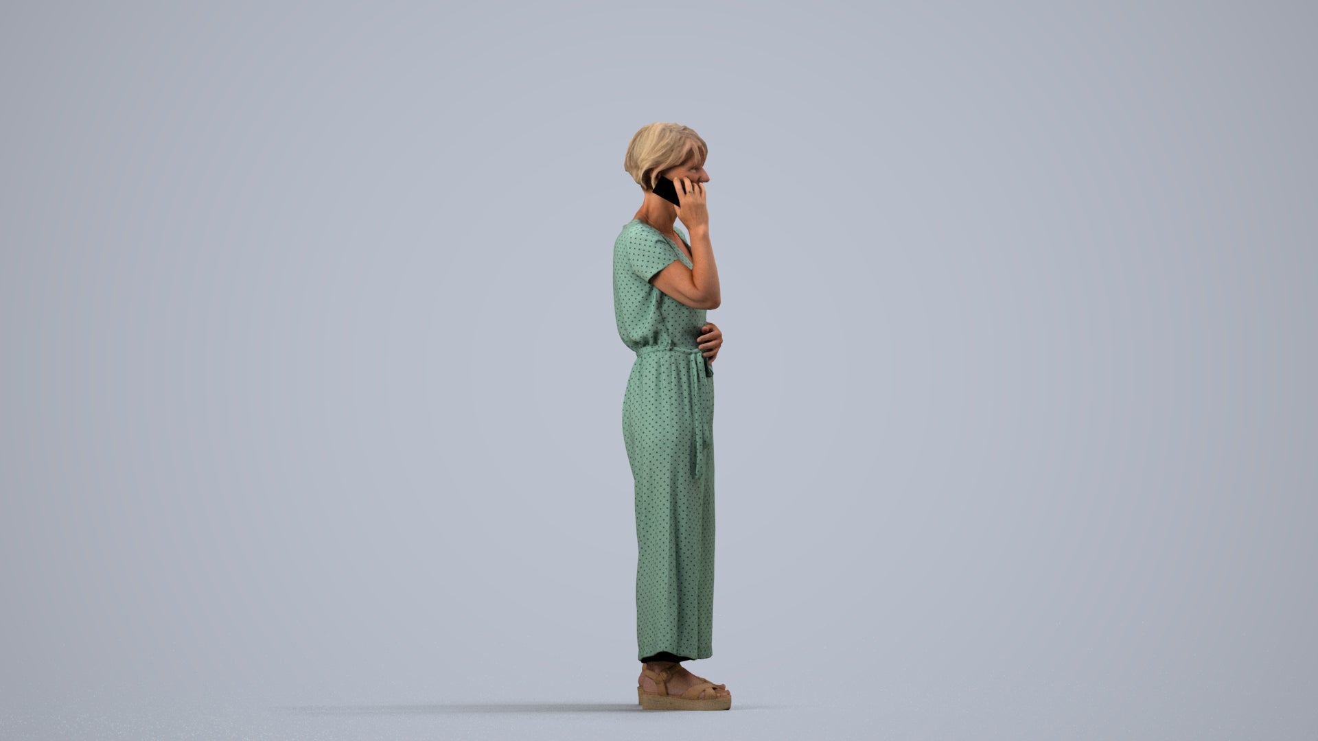 realistic 3D senior woman casual standing, scanned archviz people for Blender and 3ds Max, side view render