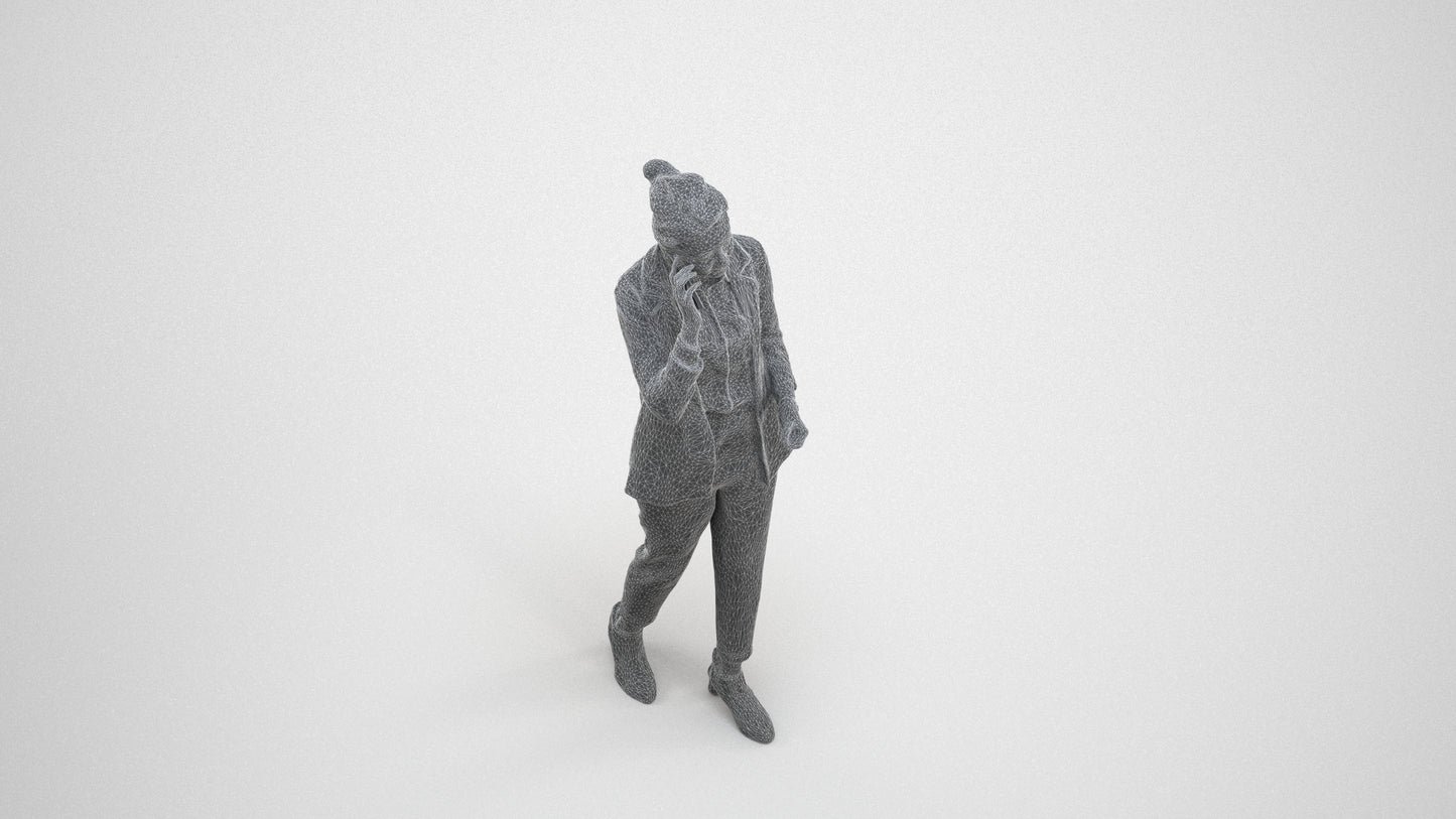3D human model woman business, photogrammetry scanned person for archviz, wireframe three-quarter view