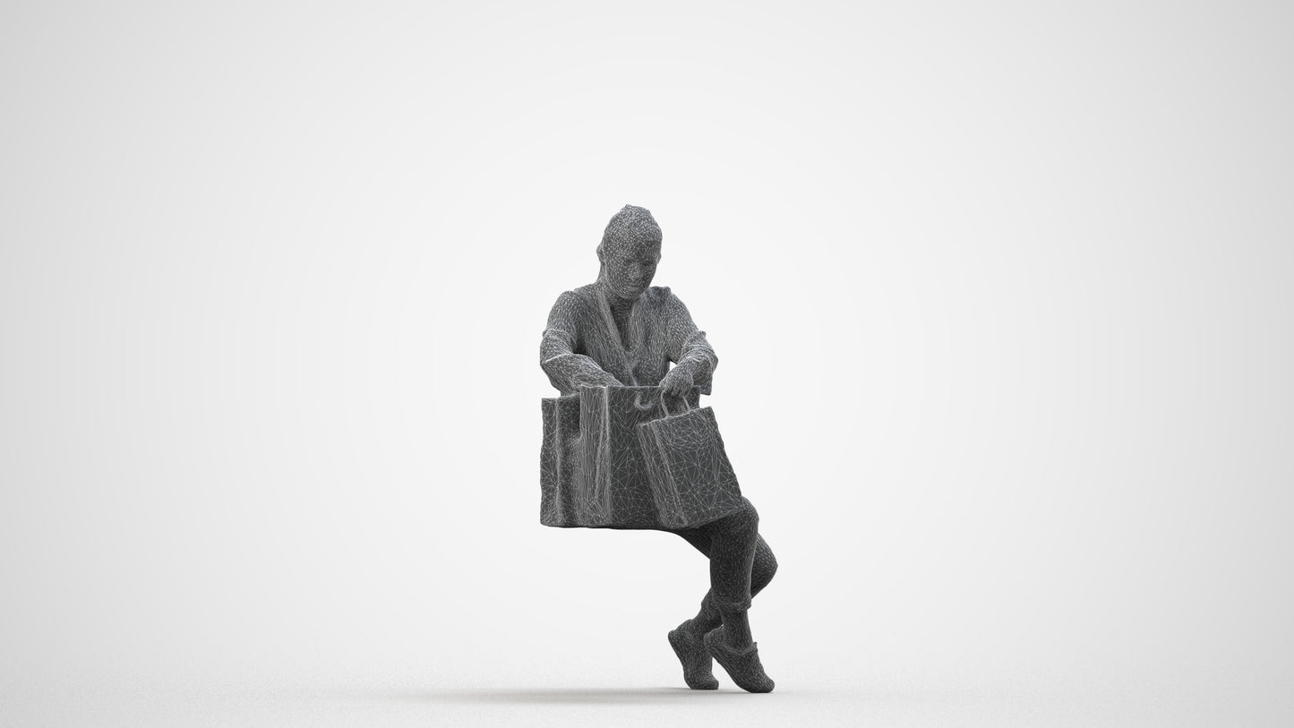 3D human model woman casual shopping, photogrammetry scanned person for archviz, wireframe side view
