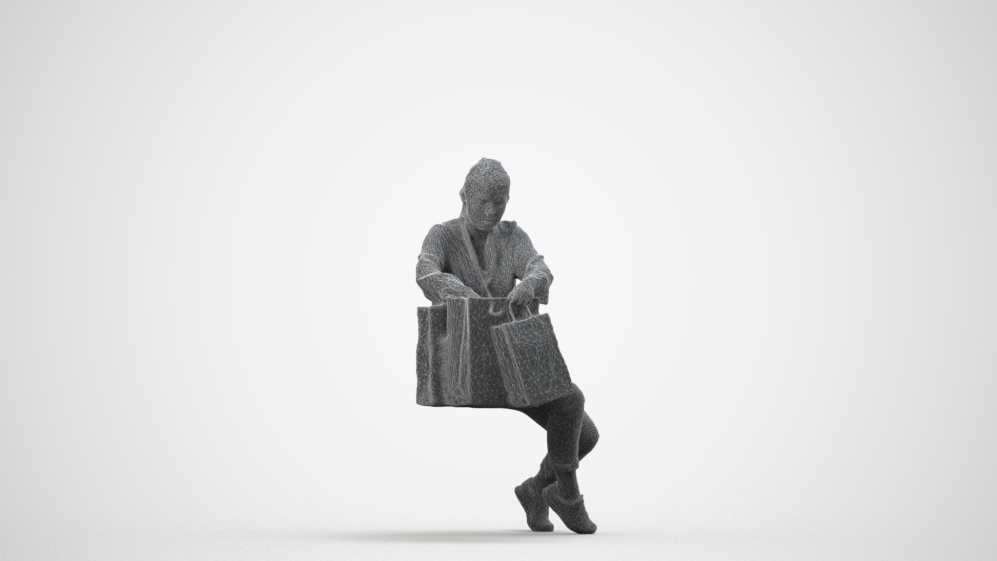 3D human model woman casual shopping, photogrammetry scanned person for archviz, wireframe side view