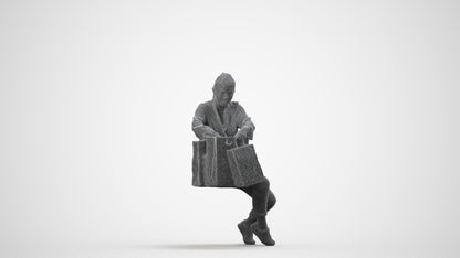 3D human model woman casual shopping, photogrammetry scanned person for archviz, wireframe side view