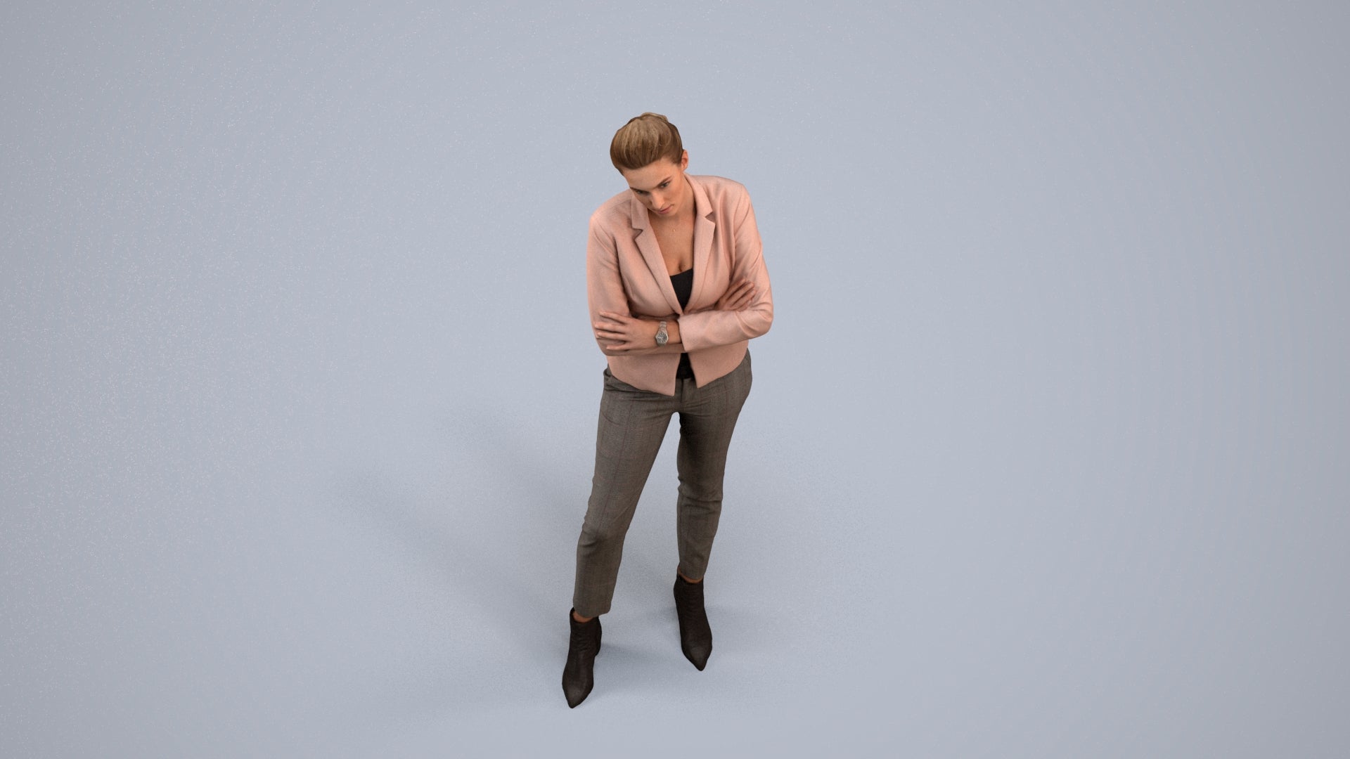 3D human model woman business, photogrammetry scanned person for archviz, back view render