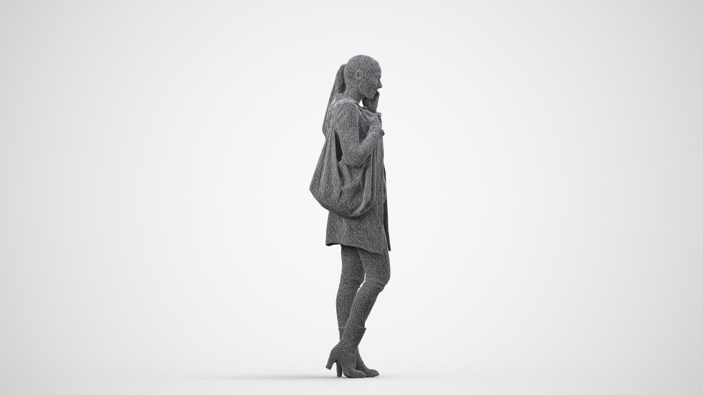 3D people model woman casual standing, scanned human for 3ds Max rendering, wireframe side view