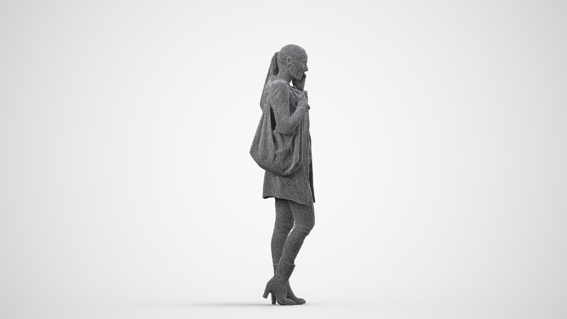 3D people model woman casual standing, scanned human for 3ds Max rendering, wireframe side view