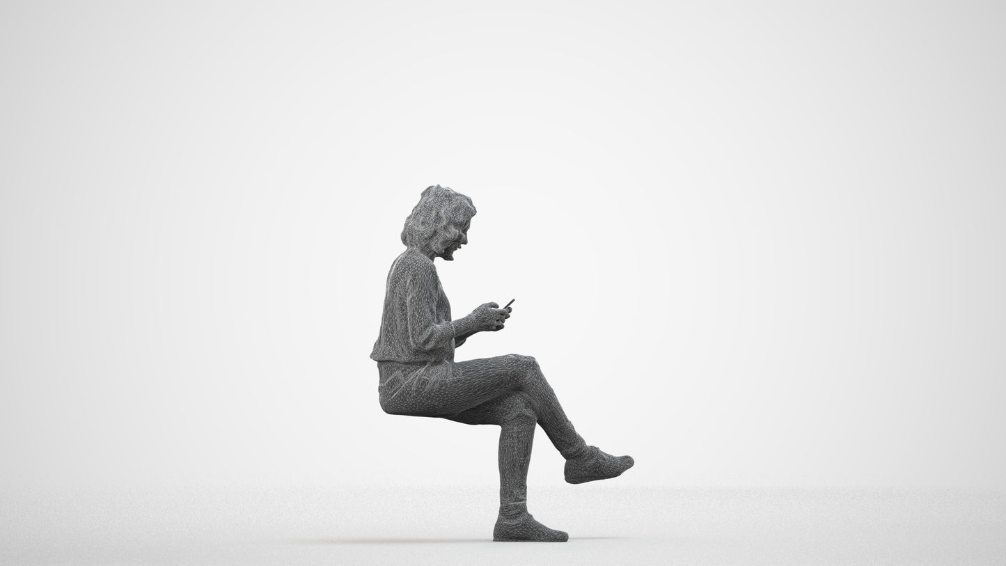 3D human model woman casual sitting, photogrammetry scanned person for archviz, wireframe side view