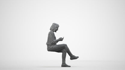 3D human model woman casual sitting, photogrammetry scanned person for archviz, wireframe side view