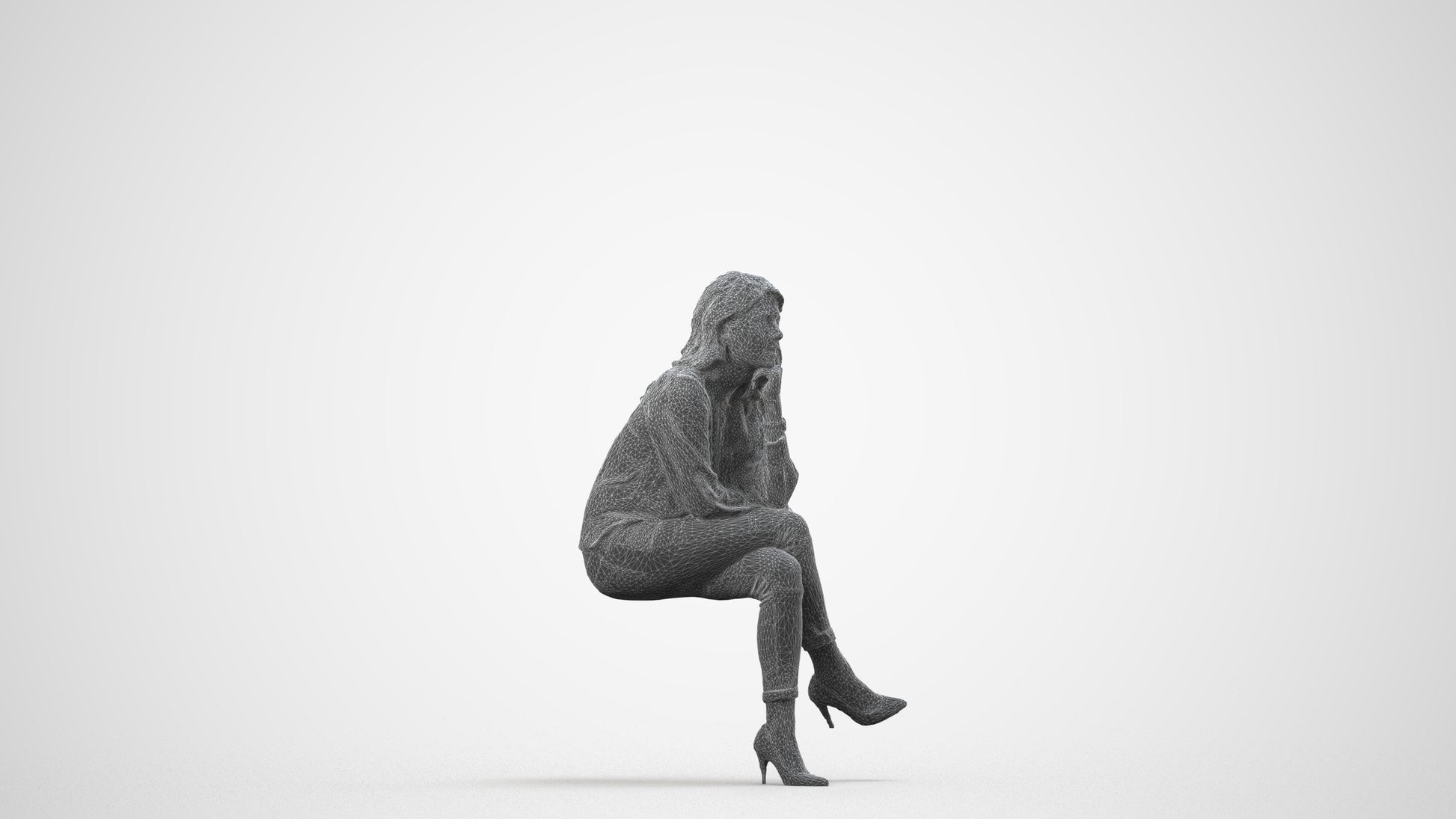 realistic 3D human woman casual sitting, archviz people FBX OBJ for Blender, wireframe side view