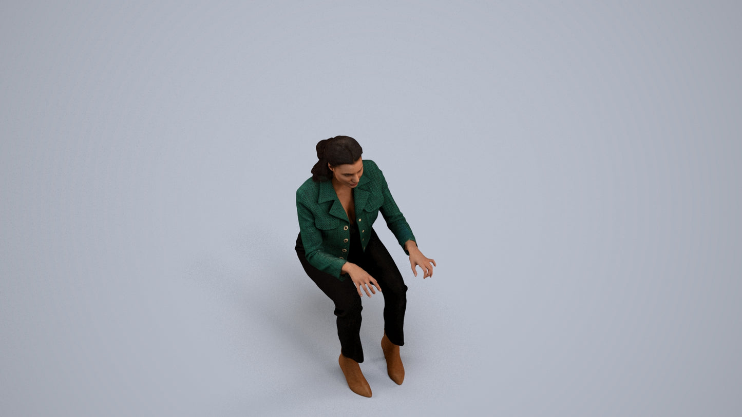 3D human model woman business sitting, photogrammetry scanned person for archviz, back view render