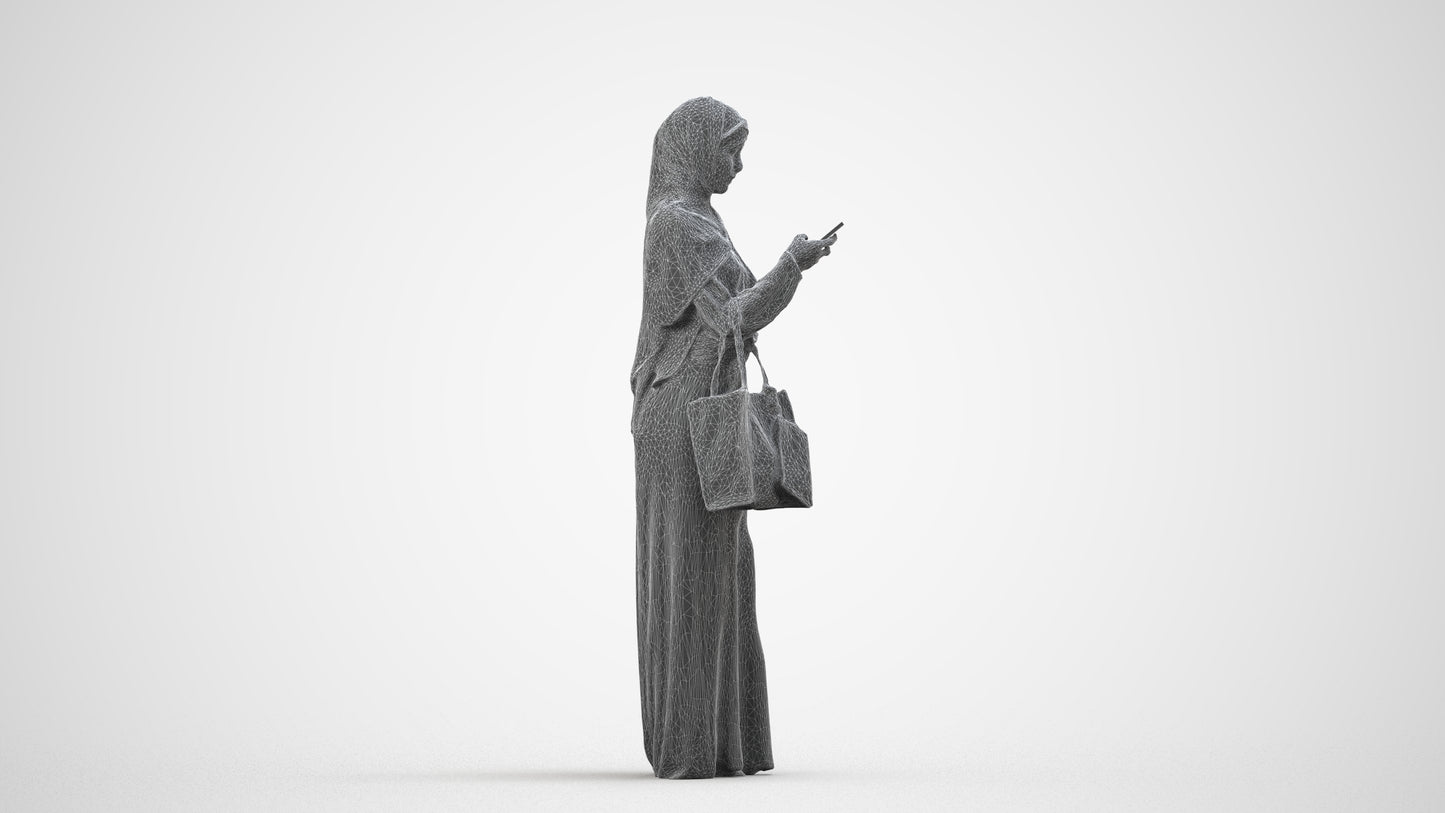 3D human model woman standing, photogrammetry scanned person for archviz, wireframe side view
