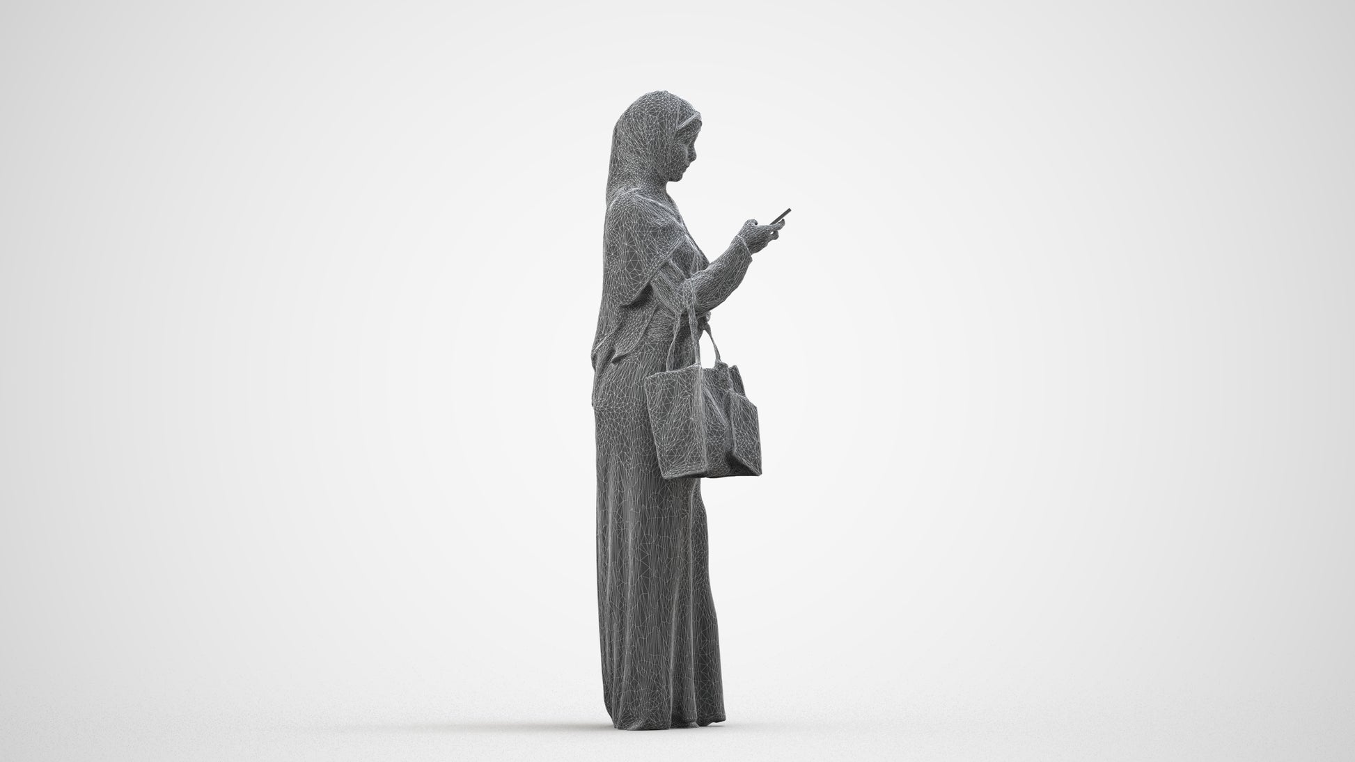 3D human model woman standing, photogrammetry scanned person for archviz, wireframe side view