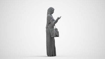 3D human model woman standing, photogrammetry scanned person for archviz, wireframe side view