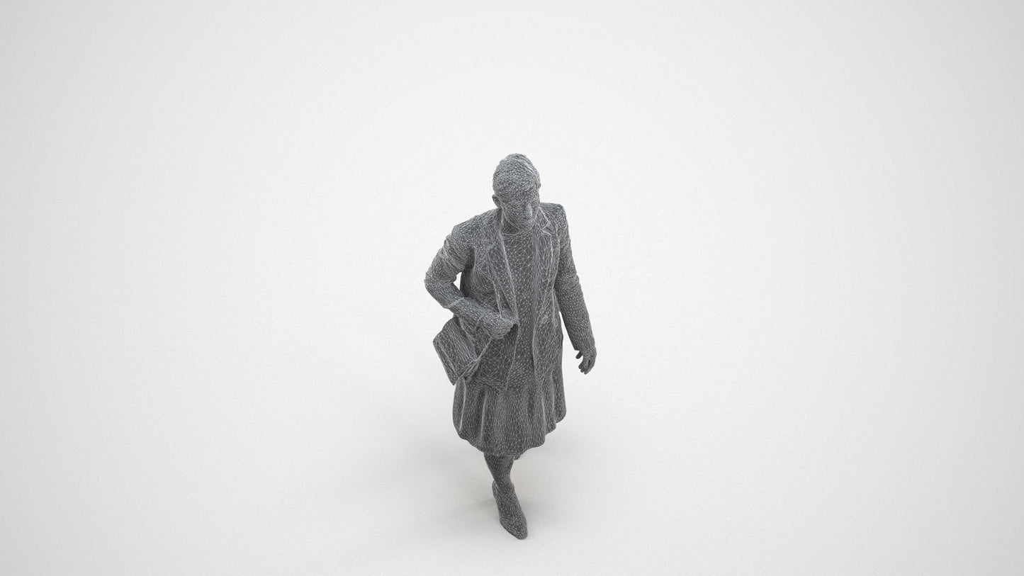 photogrammetry 3D woman business walking, realistic human model archviz FBX, wireframe three-quarter view