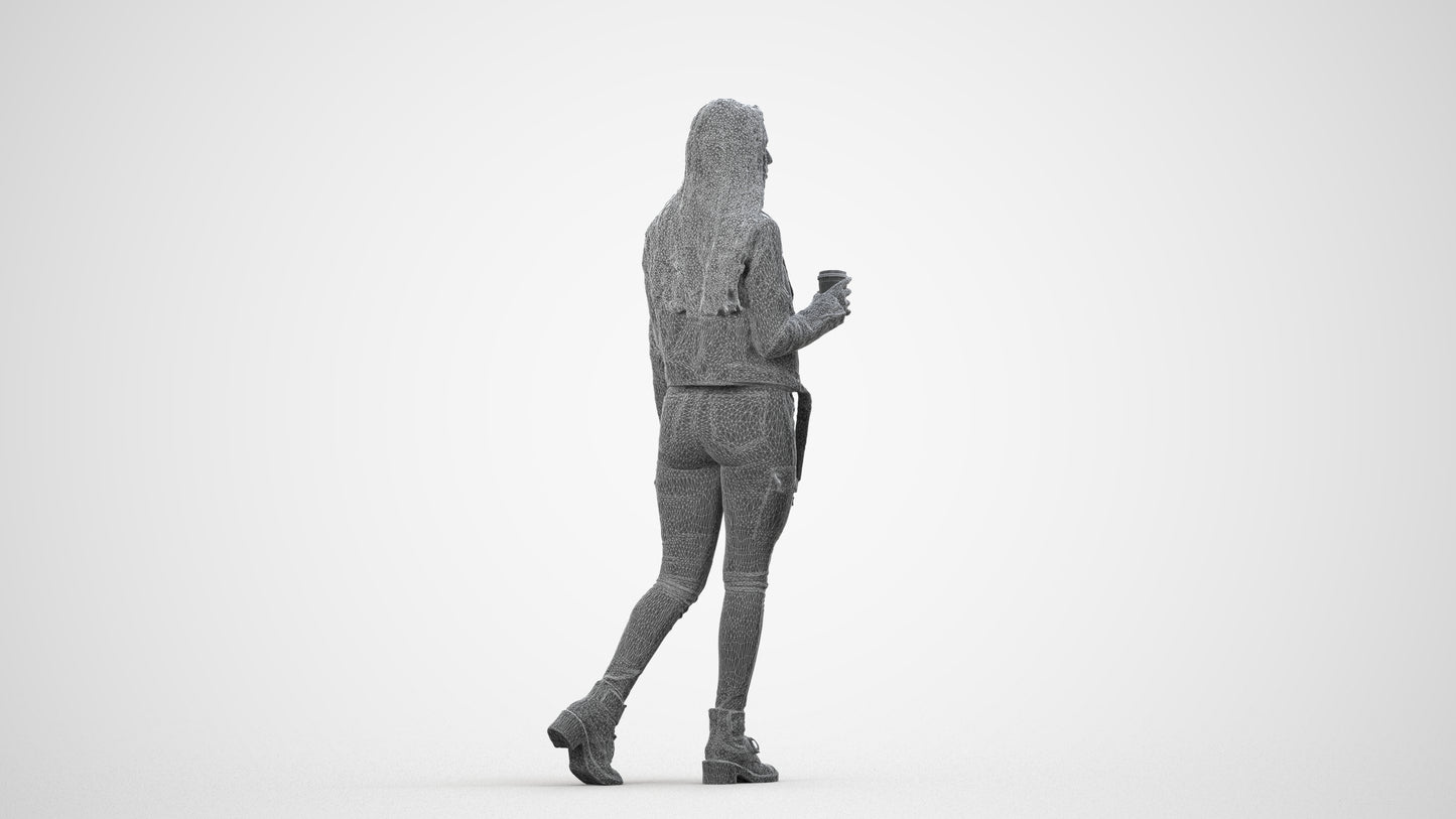 realistic 3D people woman casual walking, render-ready for V-Ray and Corona, FBX OBJ, wireframe side view