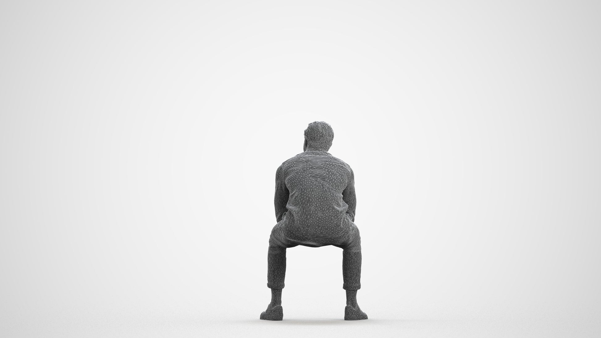 3D scanned man sitting casual, photorealistic archviz people for Enscape and SketchUp, wireframe front view