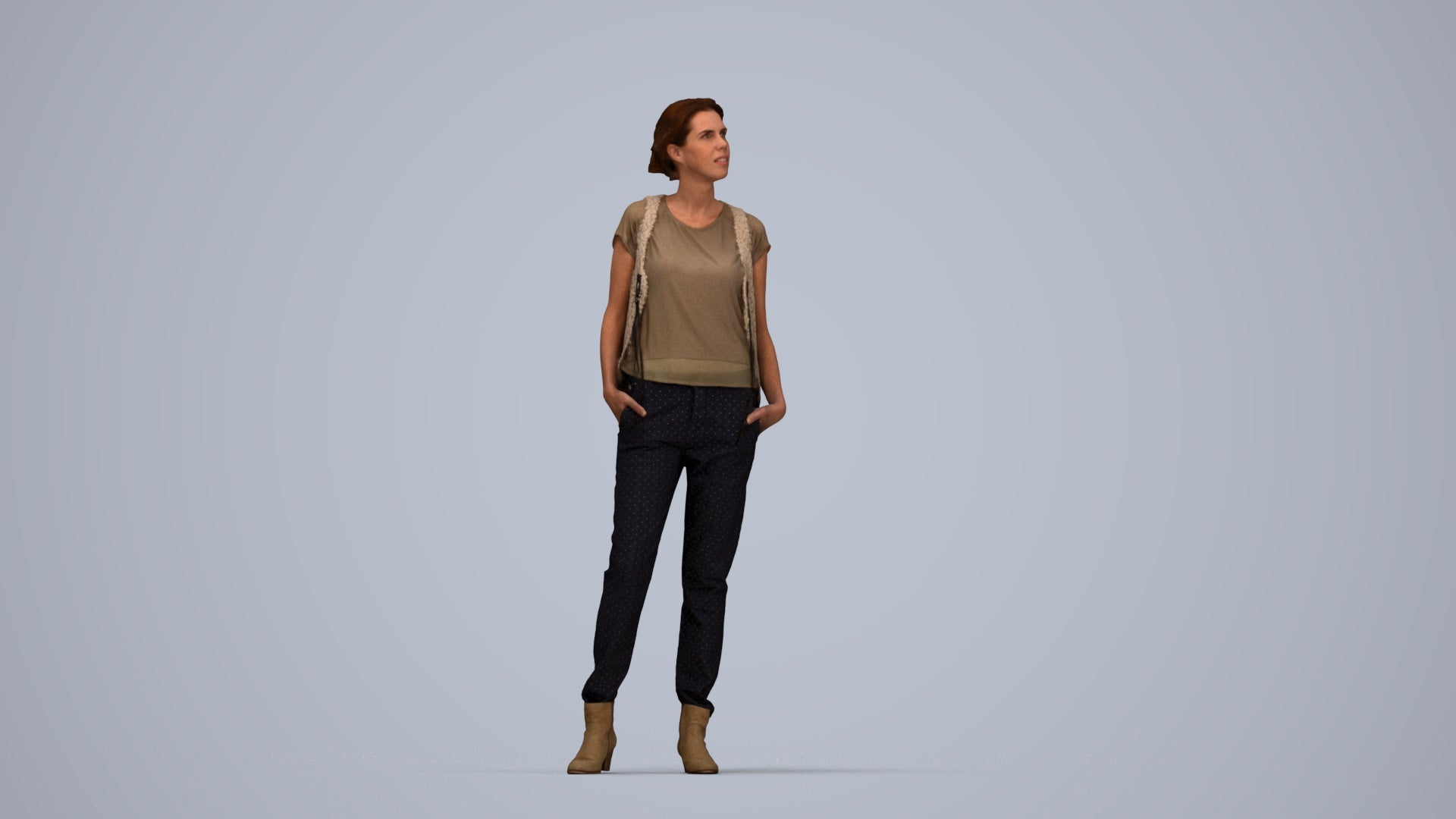 scanned 3D woman casual standing, photogrammetry people for Enscape and V-Ray, top-down view render