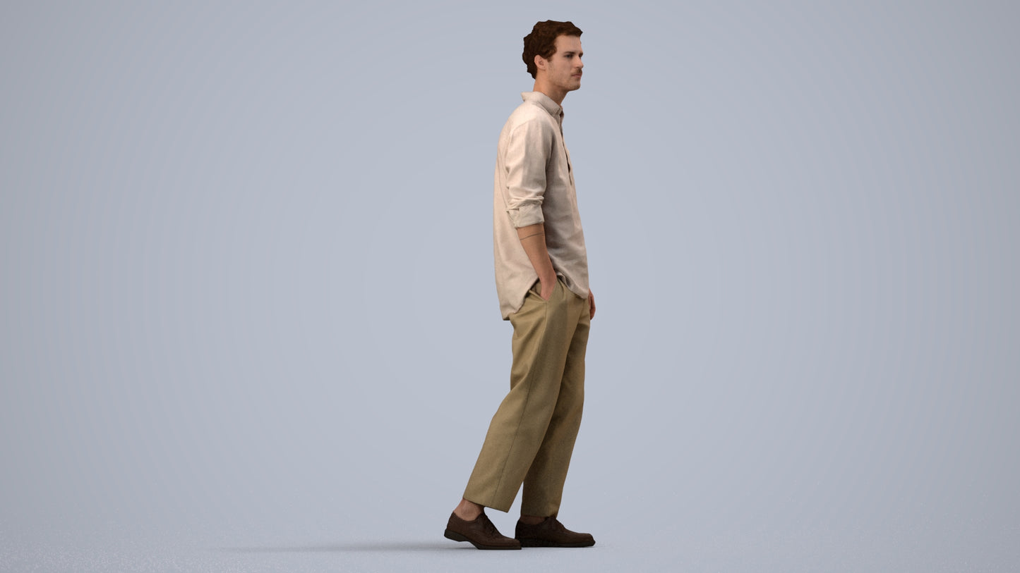 3D human model man casual walking, photogrammetry scanned person for archviz, front view render