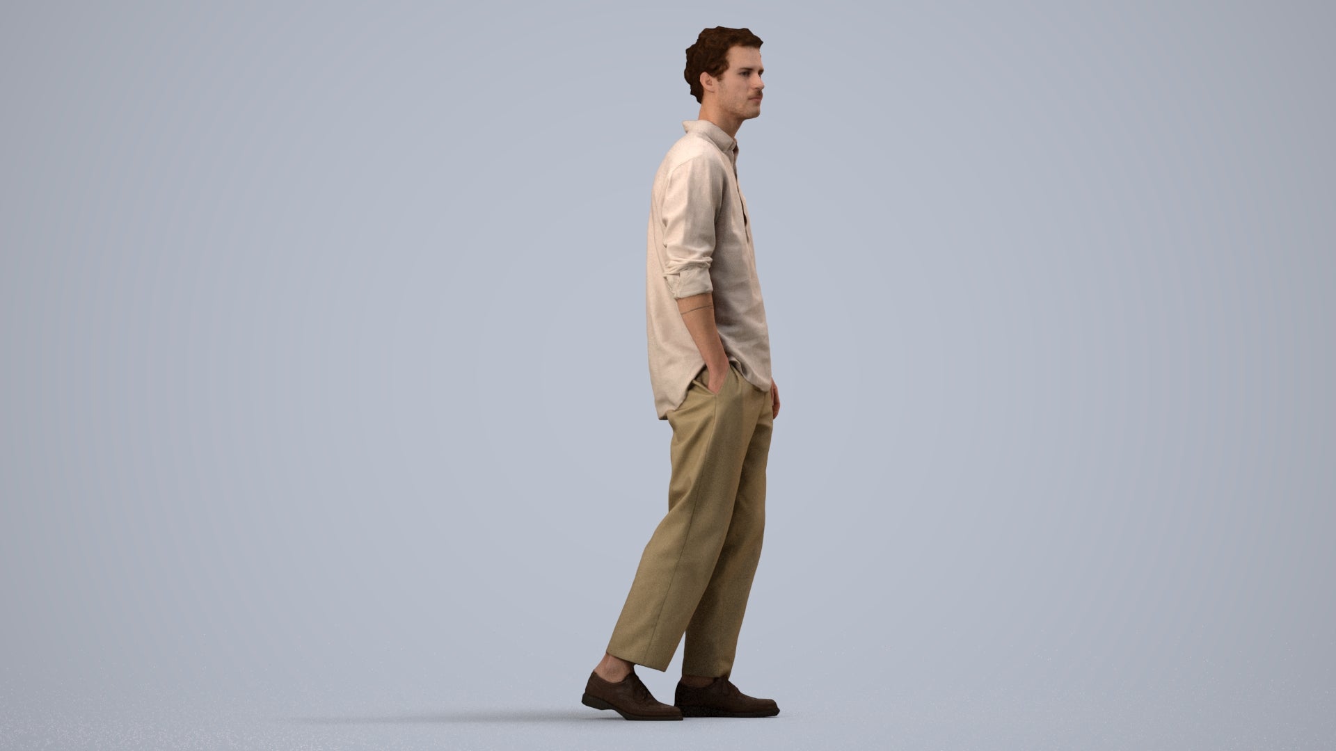 3D human model man casual walking, photogrammetry scanned person for archviz, front view render
