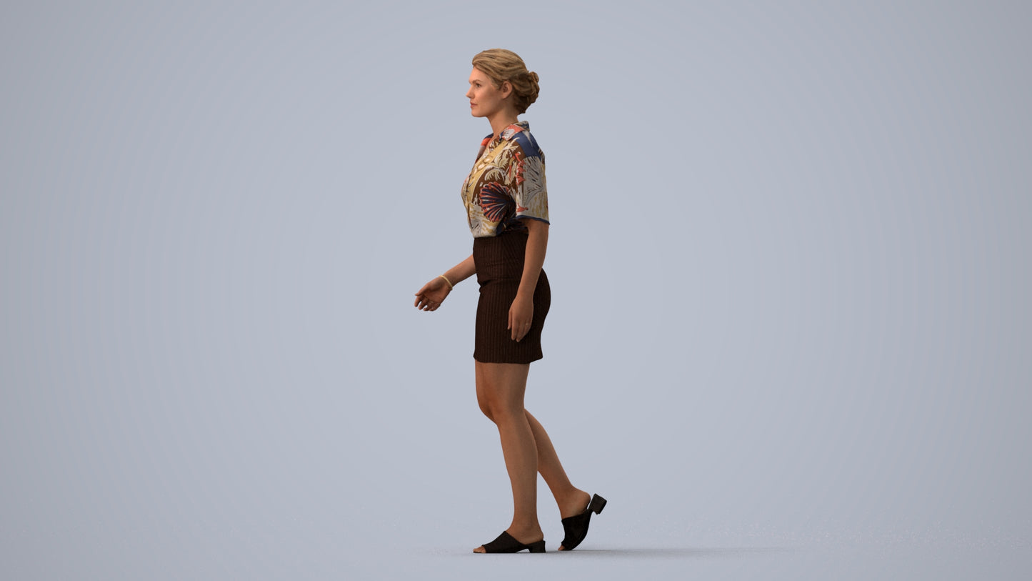 photogrammetry 3D woman casual walking, realistic human model archviz FBX, three-quarter view render