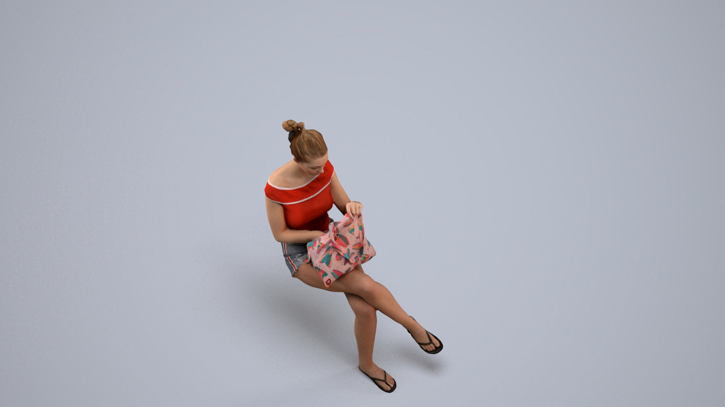 3D human model girl casual sitting, photogrammetry scanned person for archviz, back view render