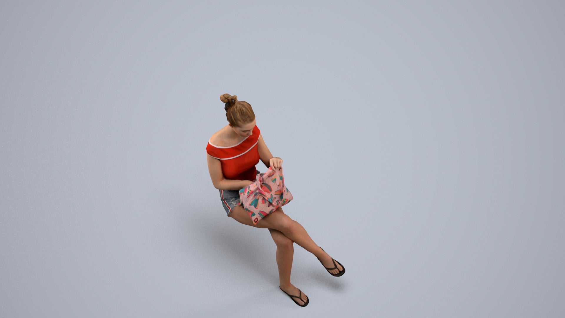 3D human model girl casual sitting, photogrammetry scanned person for archviz, back view render