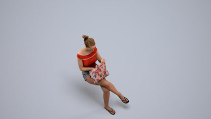 3D human model girl casual sitting, photogrammetry scanned person for archviz, back view render