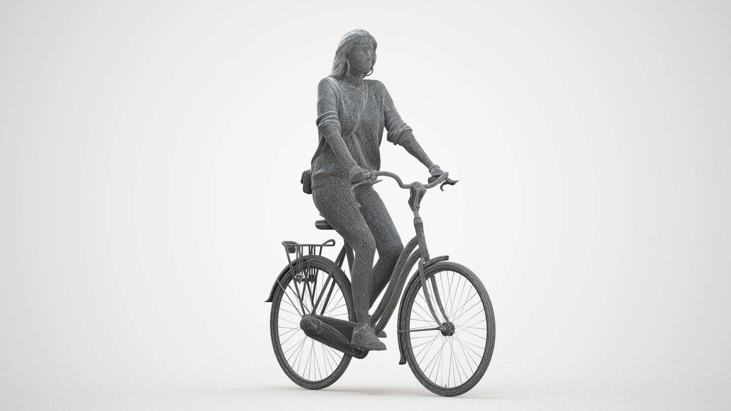 realistic 3D woman casual cycling, scanned archviz people for Blender and 3ds Max, three-quarter front view render