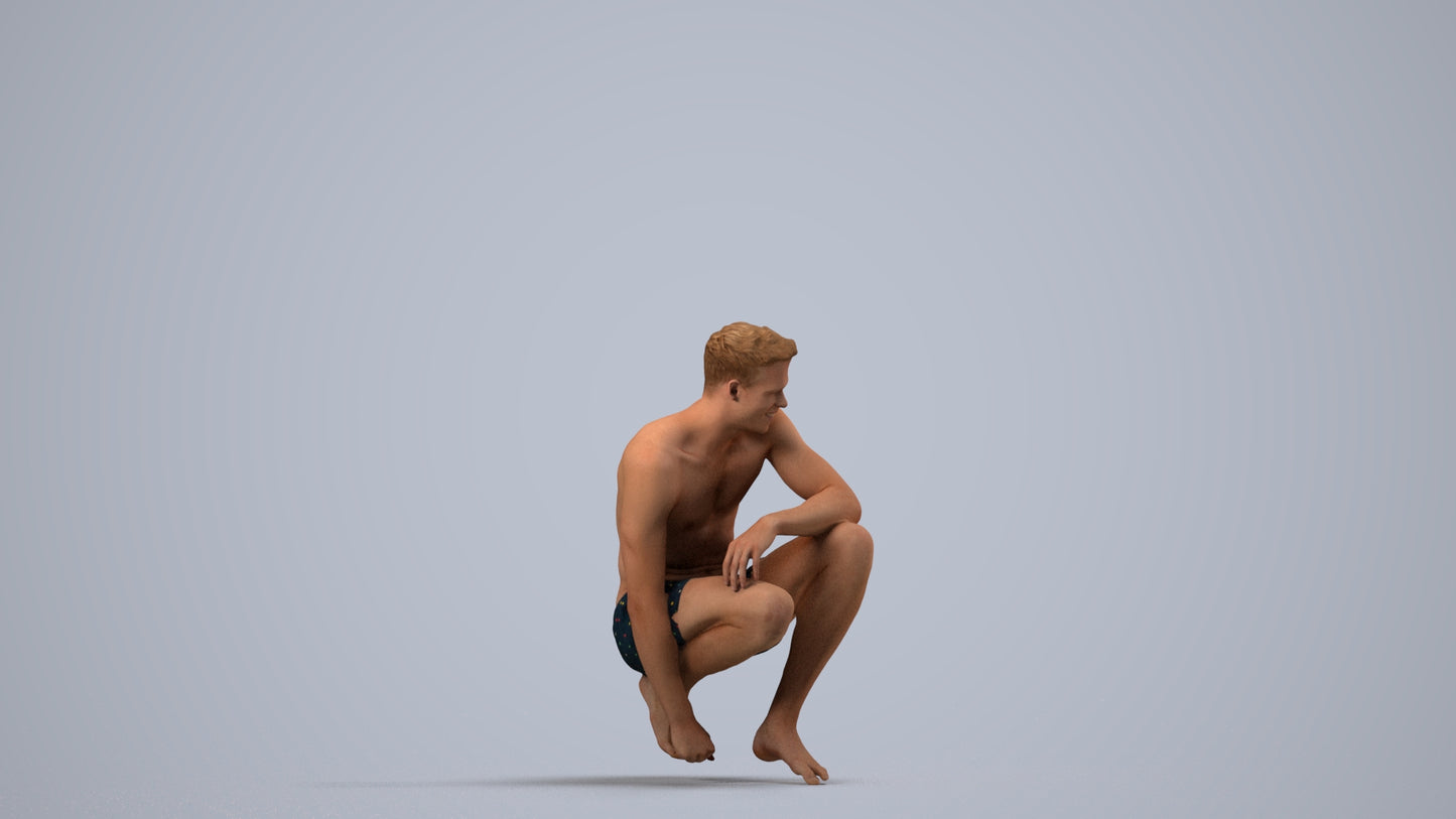 realistic 3D human man pool, archviz people FBX OBJ for Blender, side view render