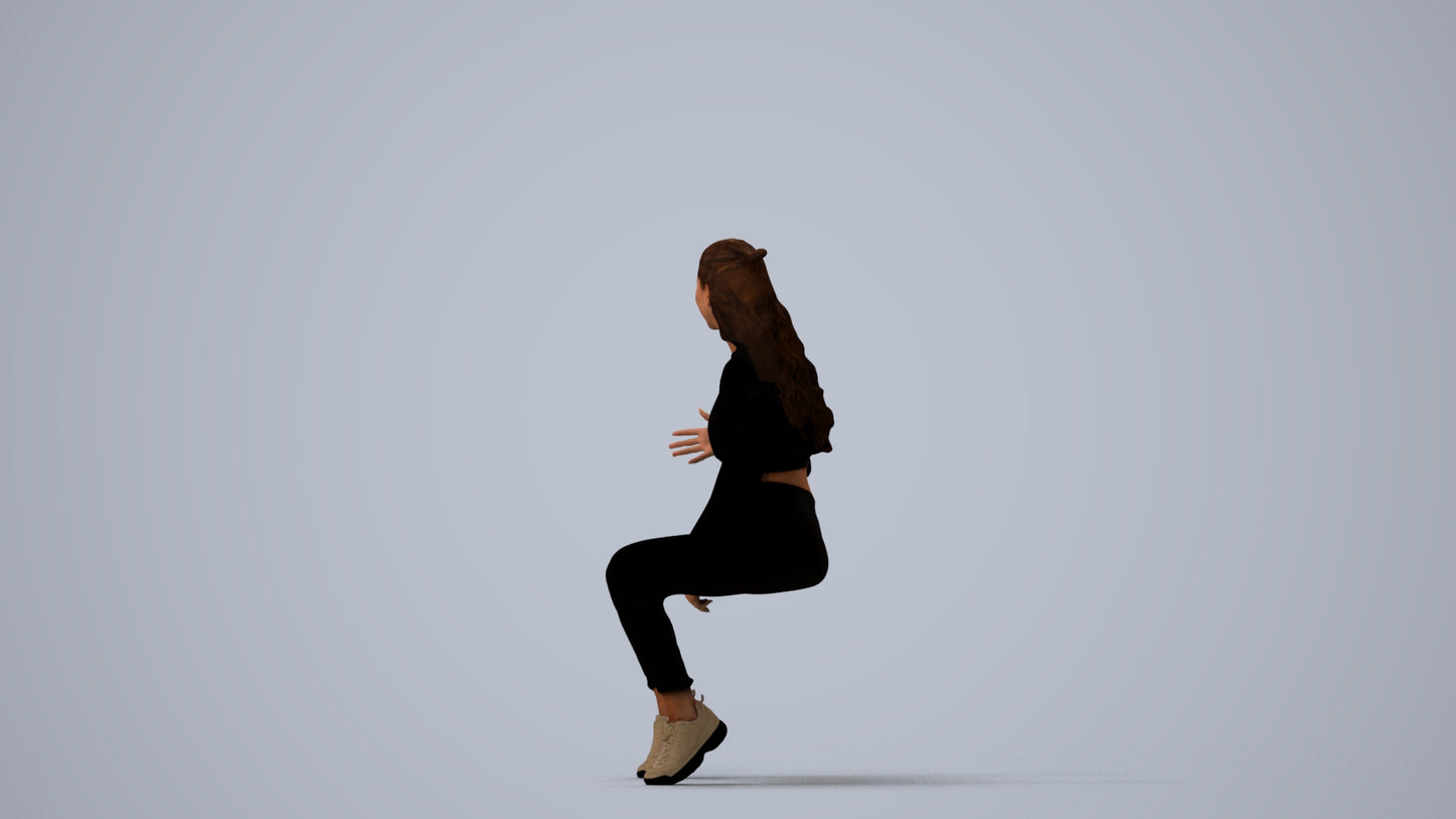 3D people model woman sport sitting, scanned human for 3ds Max rendering, three-quarter view render