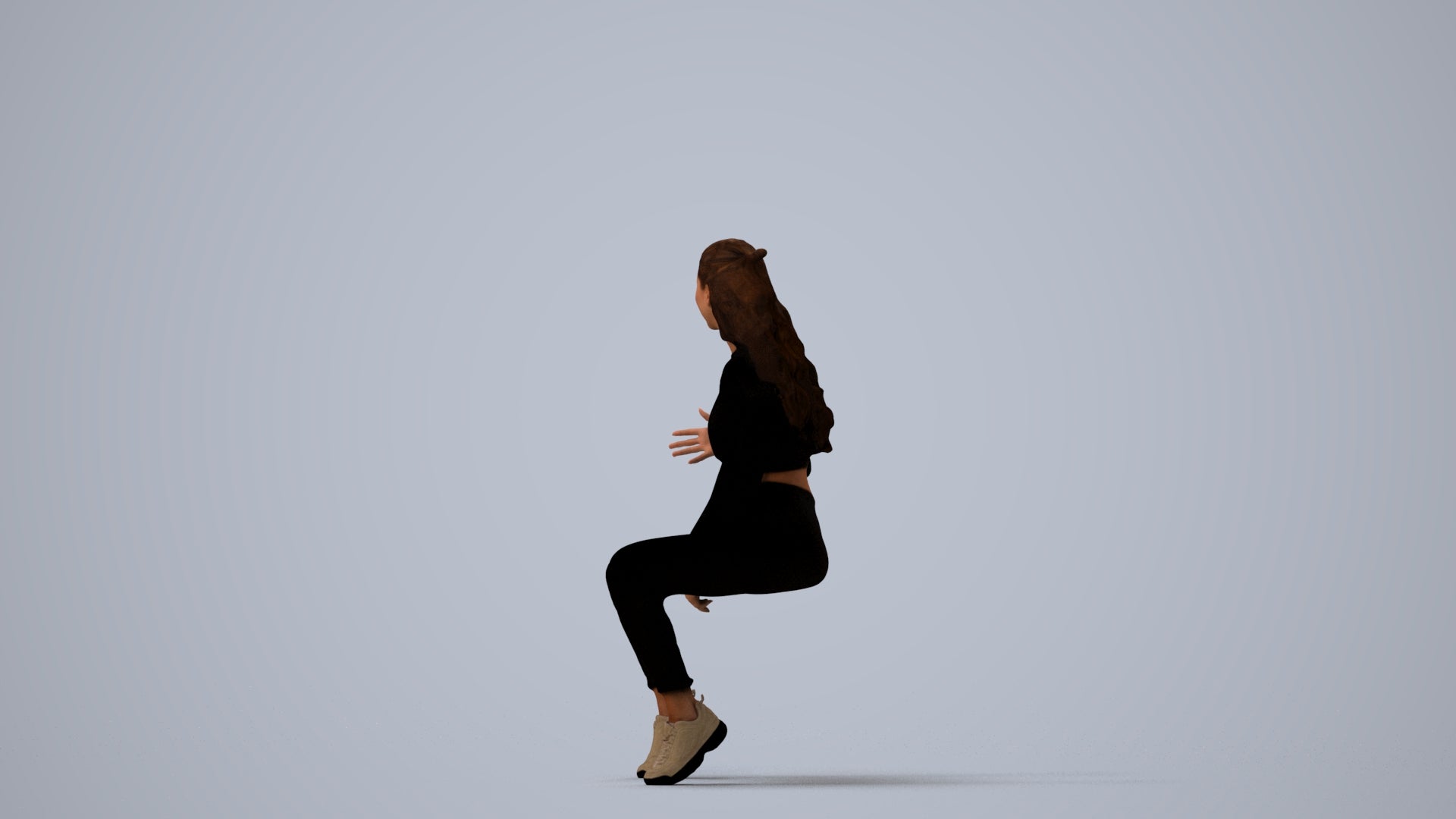 3D people model woman sport sitting, scanned human for 3ds Max rendering, three-quarter view render