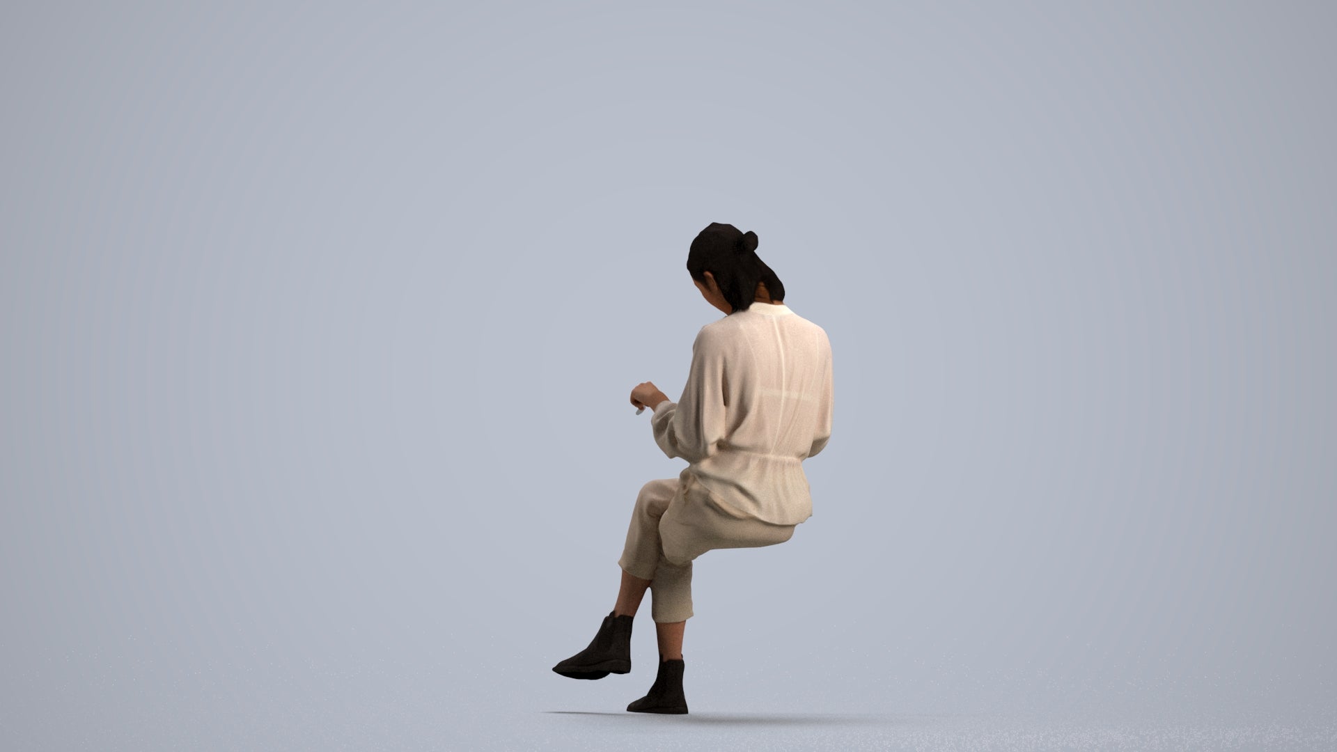 realistic 3D woman casual sitting, scanned archviz people for Blender and 3ds Max, front view render
