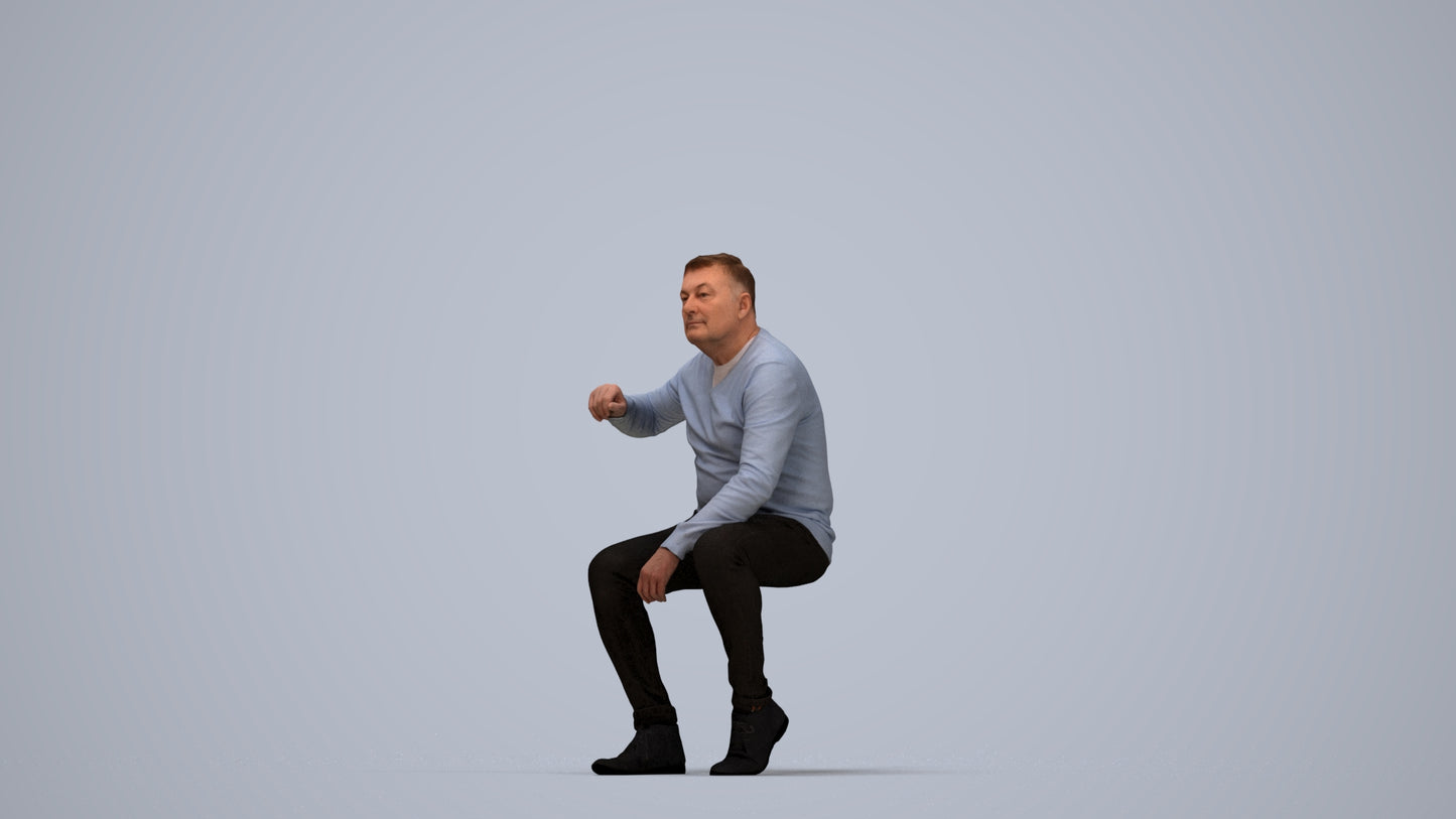 realistic 3D human man casual sitting, archviz people FBX OBJ for Blender, top-down view render
