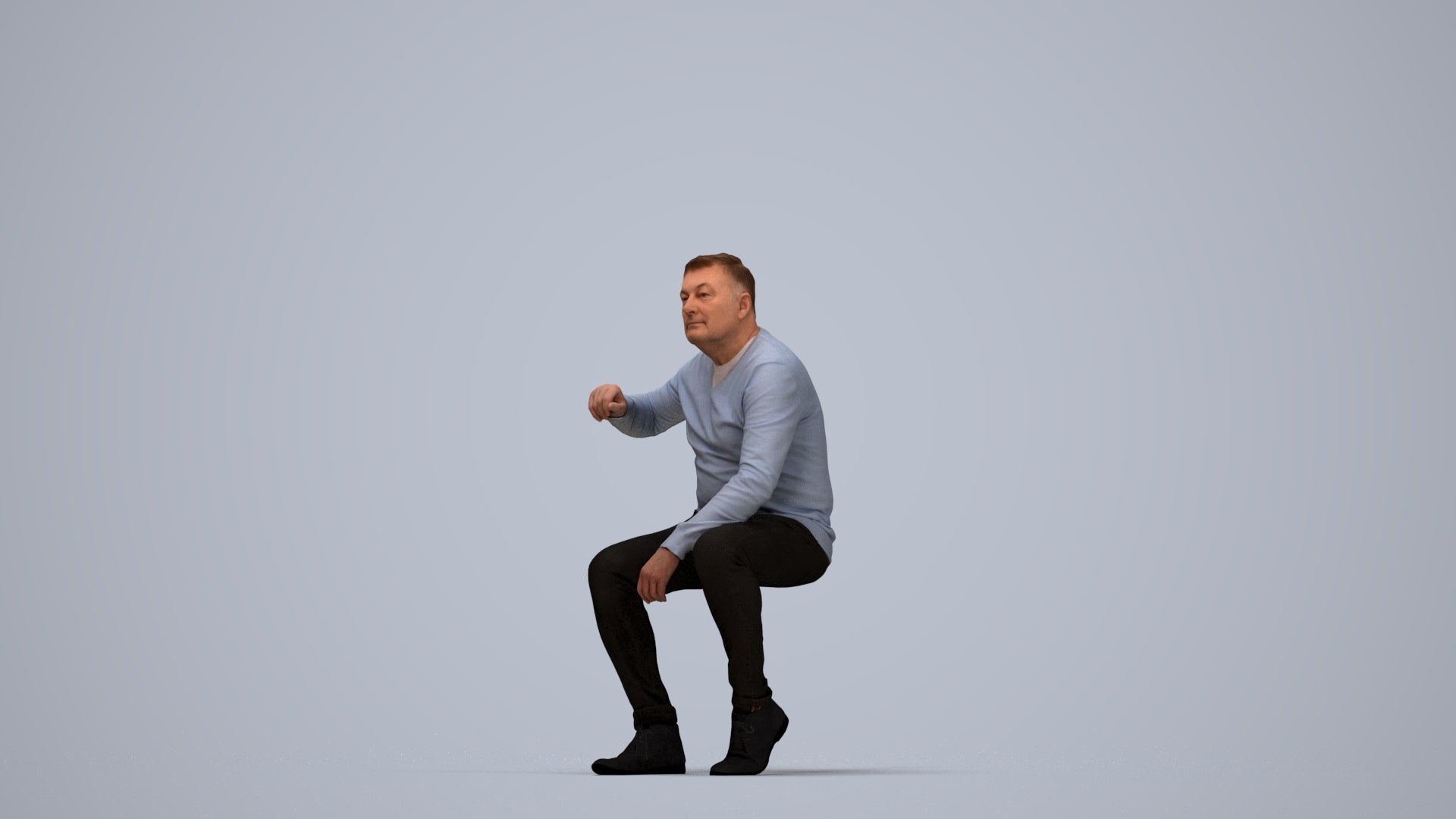 realistic 3D human man casual sitting, archviz people FBX OBJ for Blender, top-down view render