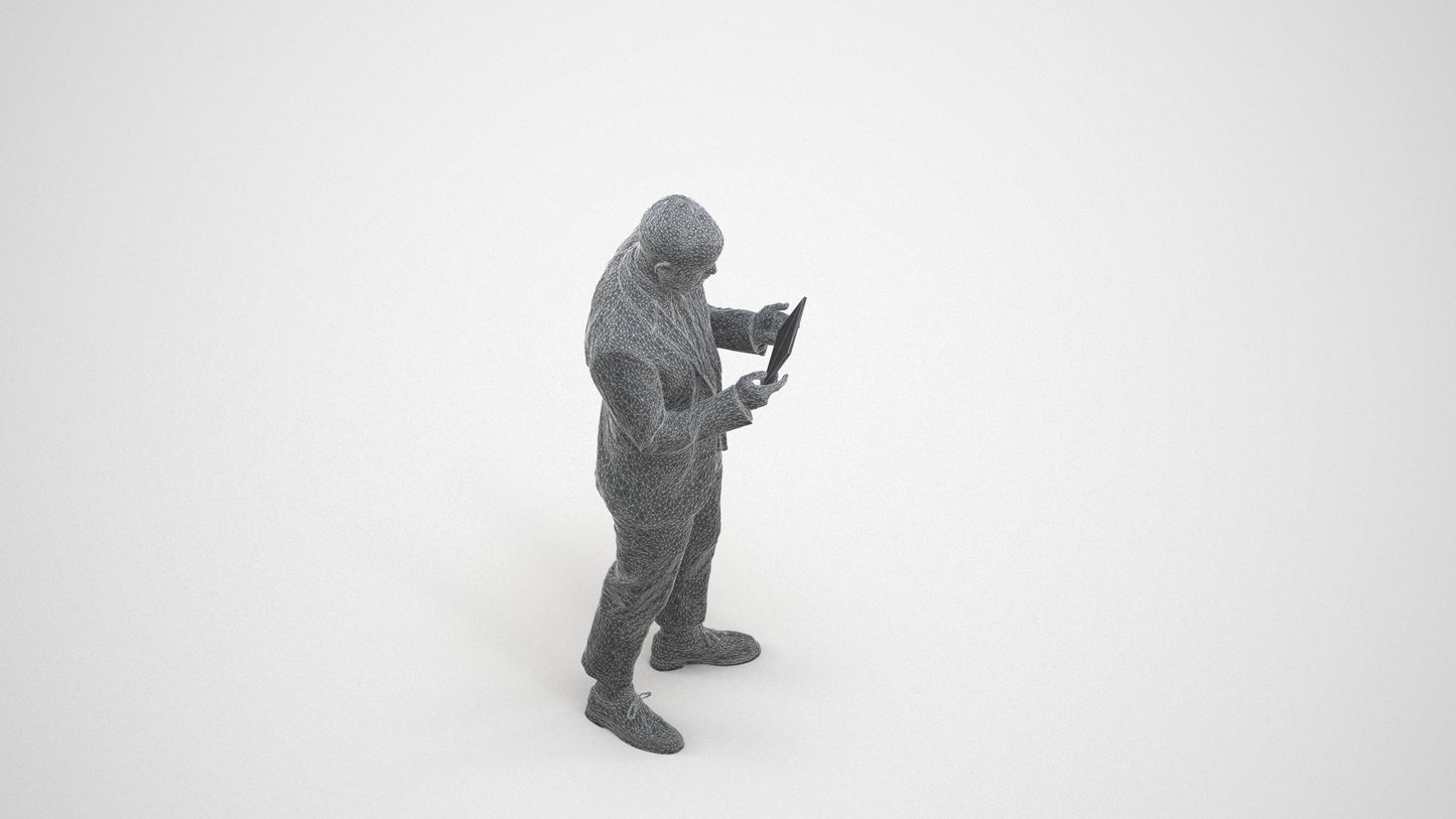 realistic 3D man business standing, scanned archviz people for Blender and 3ds Max, wireframe three-quarter view