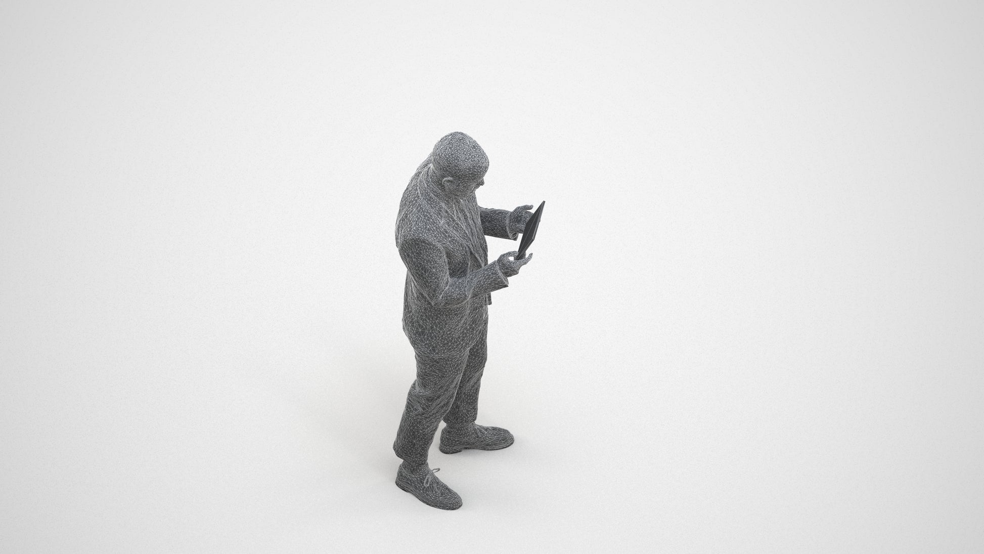 realistic 3D man business standing, scanned archviz people for Blender and 3ds Max, wireframe three-quarter view
