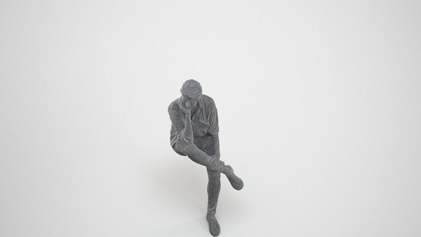 scanned 3D woman casual sitting, photogrammetry people for Enscape and V-Ray, wireframe three-quarter view