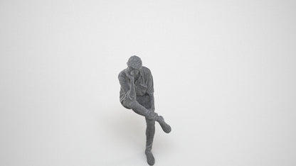 scanned 3D woman casual sitting, photogrammetry people for Enscape and V-Ray, wireframe three-quarter view