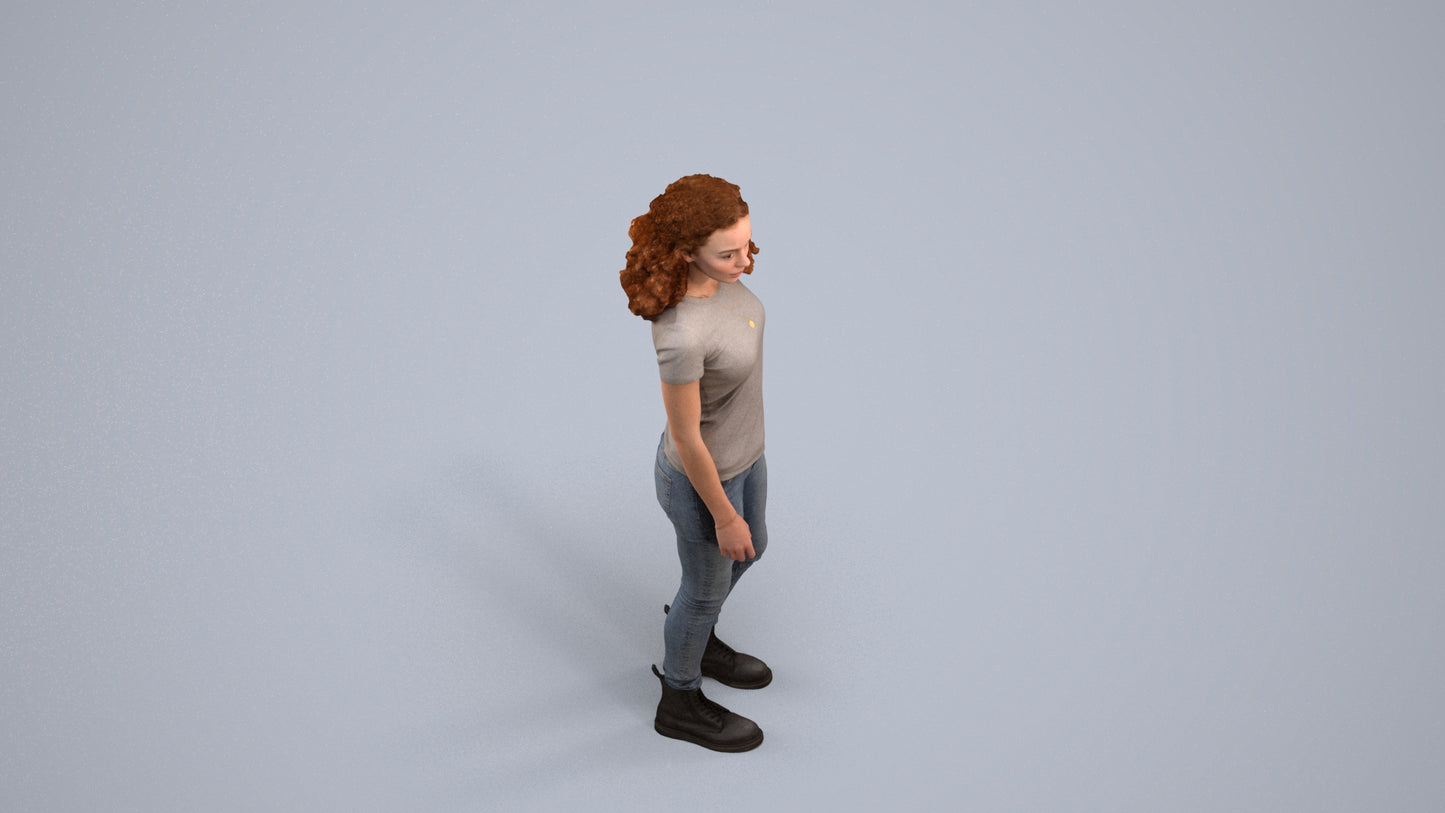 realistic 3D human woman casual standing, archviz people FBX OBJ for Blender, back view render
