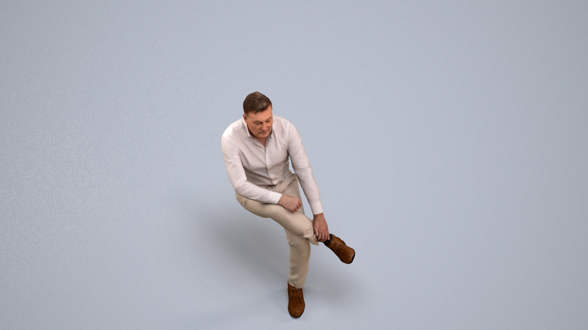 3D human model man casual sitting, photogrammetry scanned person for archviz, back view render