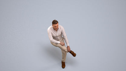 3D human model man casual sitting, photogrammetry scanned person for archviz, back view render