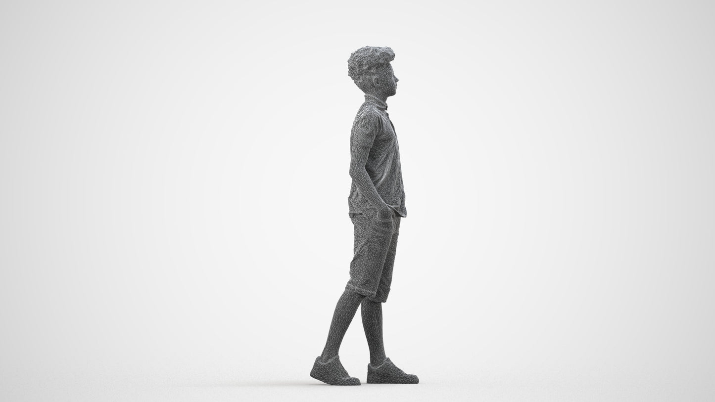 3D scanned boy kids casual, photorealistic archviz people for Enscape and SketchUp, wireframe side view