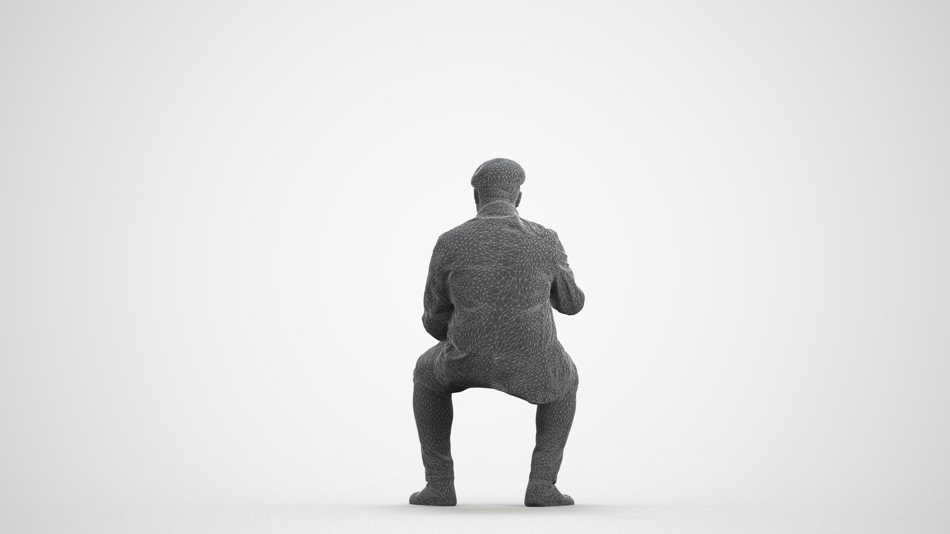 3D scanned man sitting casual, photorealistic archviz people for Enscape and SketchUp, wireframe front view